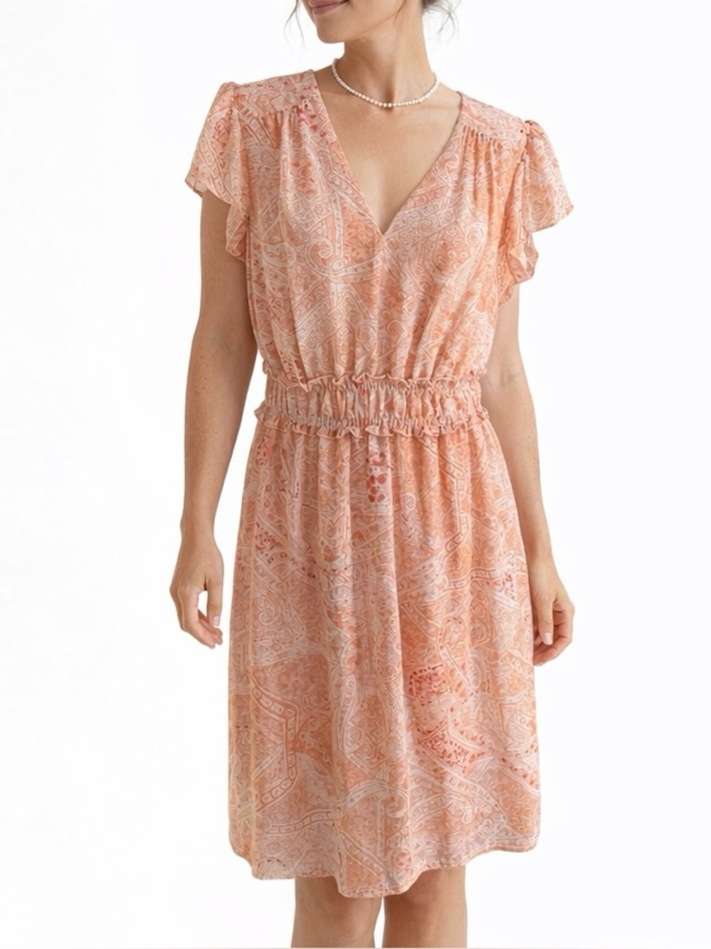 🆕Event Dress FitnFlare V-neck Flutter Sleeves Wedding Guest Grad Peach Ivory 12